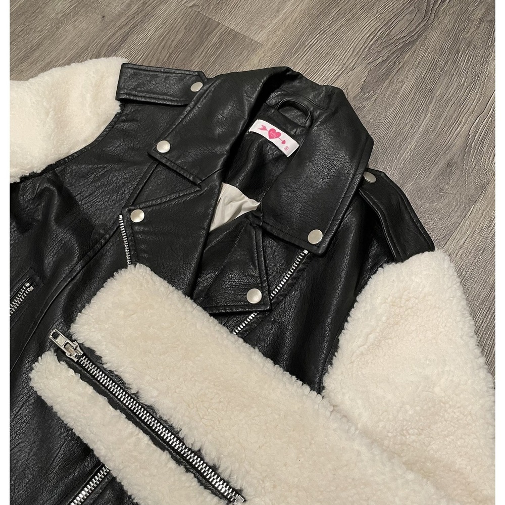 Buddylove Quinn Vegan Faux Leather Jacket Black Sherpa Sleeves Size Small Moto - Picture 1 of 9